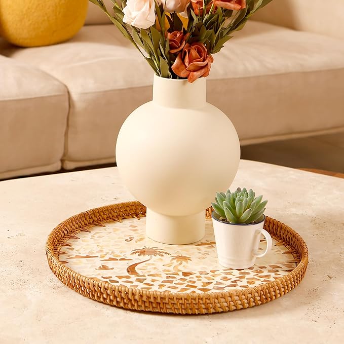 Round Rattan Tray with Mother of Pearl Inlay & Wooden Base - Decorative Wicker Serving Tray for Coffee/Bread/Fruits Display - Multipurpose Home Decor (L,Island)