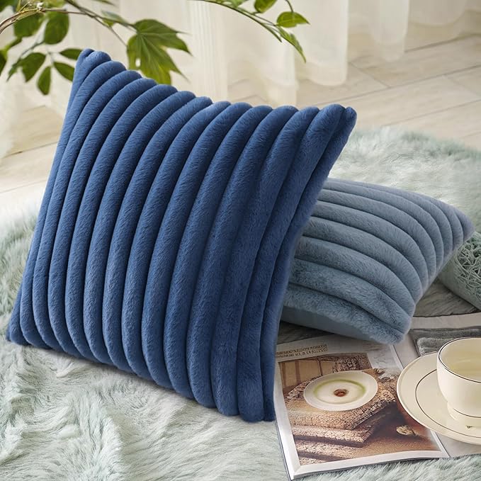 decorUhome Faux Fur Throw Pillow Covers 26x26 Set of 2, Decorative Soft Plush Striped Neutral Euro Pillow Covers with Velvet Back for Bed, Living Room Home Decor, Blue
