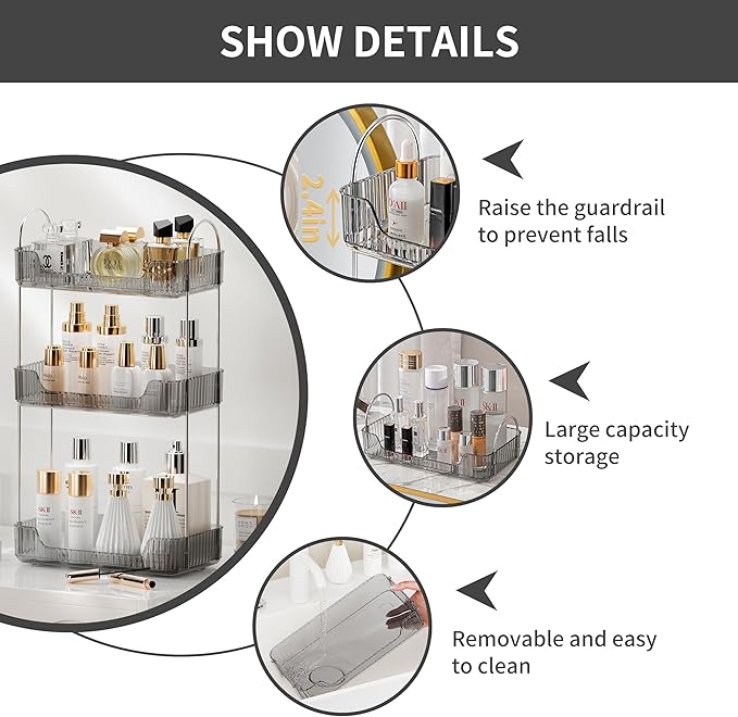 3 Tier Bathroom Organizer Countertop Makeup Perfume Skincare Organizer for Bathroom Dresser Vanity (Grey)