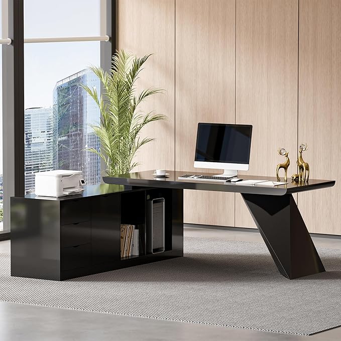 homary 70.9" Modern L-Shape Executive Desk, Home Office Desk with Drawers & Cabinet Modern Computer Desk for Home Business Furniture, Black, Left Hand