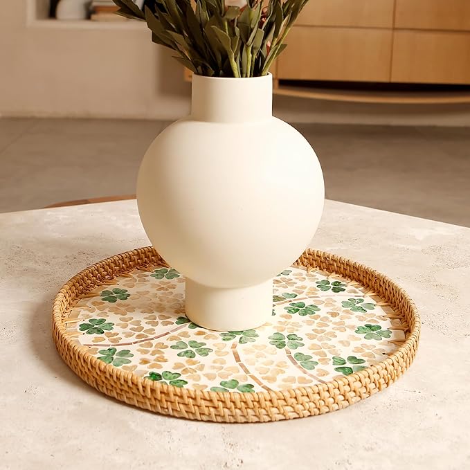 Round Rattan Tray with Mother of Pearl Inlay & Wooden Base - Decorative Wicker Serving Tray for Coffee/Bread/Fruits Display - Multipurpose Home Decor (M,Four-Leaf Clover)