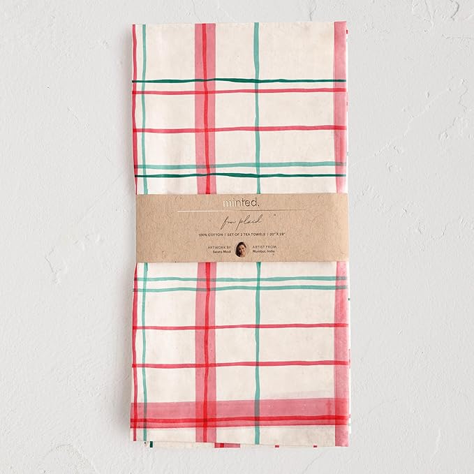Minted Plaid Tea Towels Cotton Kitchen Towels Decorative with Hanging Loop Set of 2 18x28