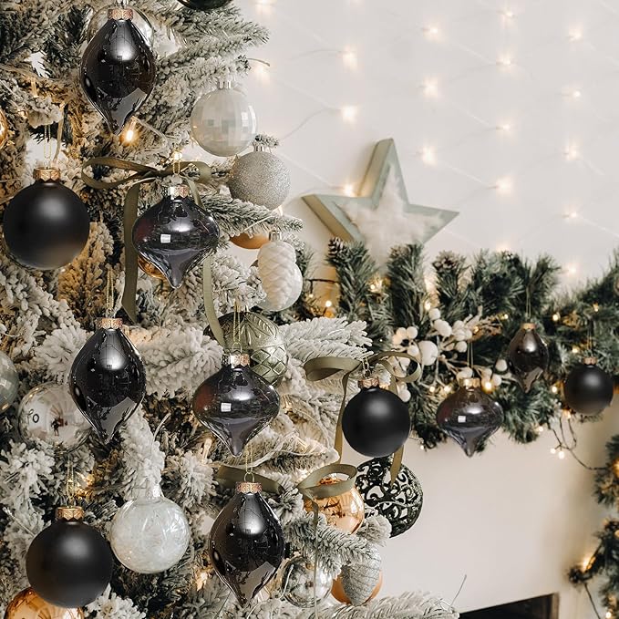Zomiboo 12 Pcs Black Glass Christmas Ball Ornaments Set 3.15" Hanging Shatterproof Glass Bulbs for Christmas Tree Baubles Bulk for Holiday Xmas Tree Decorations Gifts