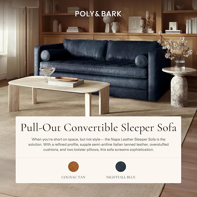 POLY & BARK Napa 82" Leather Pull-Out Convertible Sleeper Sofa in Midnight Blue