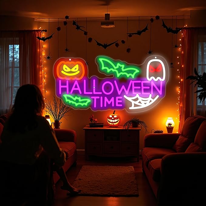 Halloween Time Neon Sign Ghost Decor Sign Spooky Neon Sign, Halloween Hanging Neon Light for Bat Pumpkin Neon Light for Bar Man Cave Horror Party Game Room Man Cave Horror Party Game Room