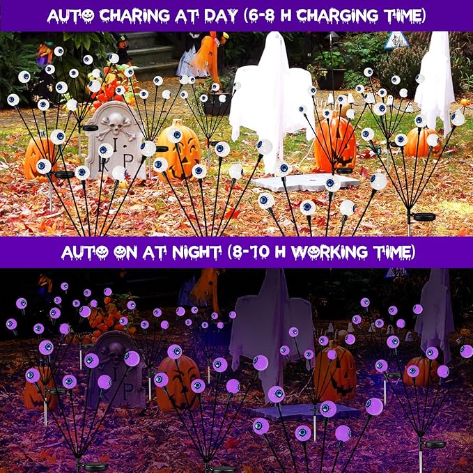2025 Upgraded 6 Pack Solar Halloween Lights Outdoor, 36 LED Purple Swaying Solar Eyeball Lights Waterproof with 2 Modes for Path Party Patio Garden Pathway Graveyard Halloween Displays Decorations