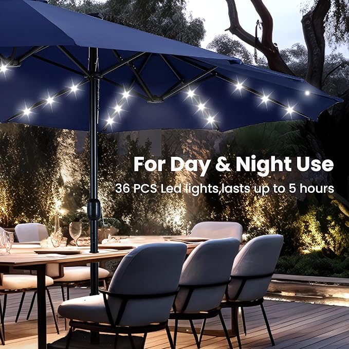 PHI VILLA 15ft Large Patio Umbrella with Solar Lights, Double-Sided Outdoor Market Rectangle Umbrellas with 36 LED Lights, Umbrella Base (Stand) Included, Navy Blue