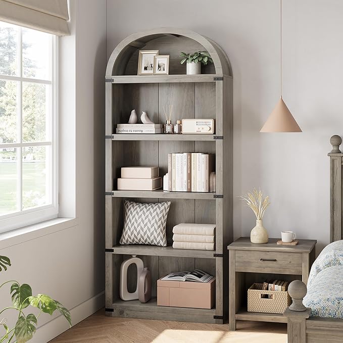 GarveeHome Bookcase 5 Shelf Arched Bookshelf 71.65 in Tall Bookcase Farmhouse Display Storage Rack Wooden Bookshelves for Home Office, Living Room (Rustic Gray)