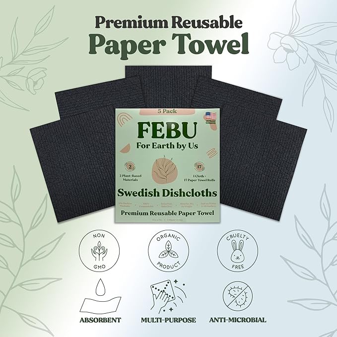 FEBU Swedish Dishcloths for Kitchen 5 Pack Black Reusable Washable Absorbent Dish Towels