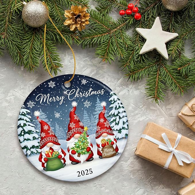 ZAGKOO Gnome Christmas Ornaments 2025 - Gnomes Gifts for Women - Gnome Ornament for Christmas Tree, Winter Gnomes Merry Xmas Decoration for Tree - Ceramic Dated Hanging Ornament 2025 Decoration