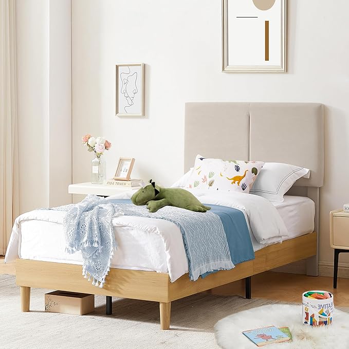 VECELO Twin Size Bed Frame Upholstered Platform Height-Adjustable Cotton and Linen Headboard, Heavy Duty Wood Slats, Noise-Free, No Box Spring Needed, Easy Assembly, Beige
