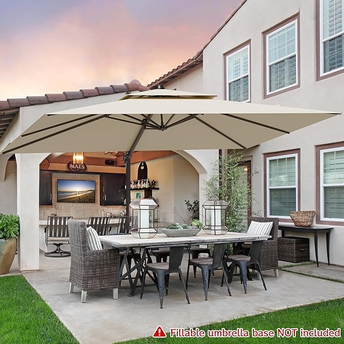 9x12FT Cantilever Patio Umbrella - Heavy Duty Double Layer Offset Design with 360° Rotation, Large Rectangle Sun Shade Umbrella for Garden, Deck, Pool, Backyard, Beige