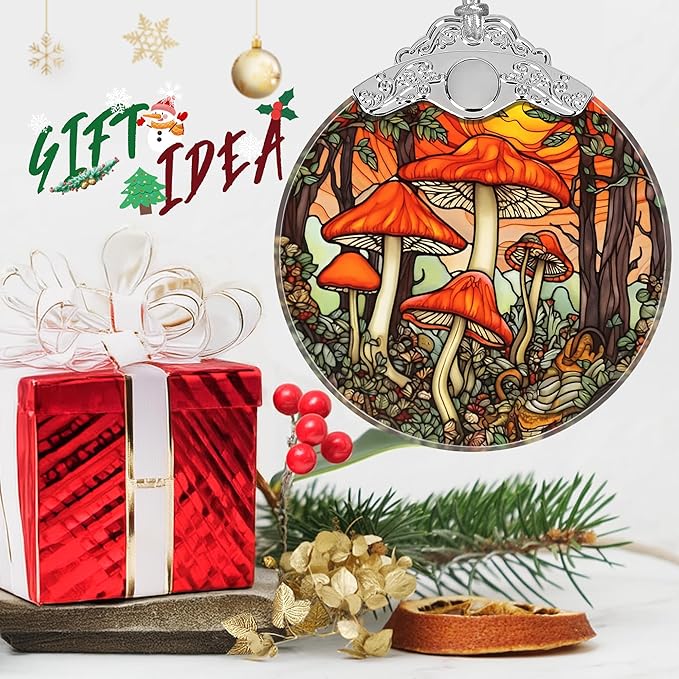 Mushroom Stained Glass Orament - Christmas Ornament - Christmas Decorations for Tree - Holiday Present ldeas - Gift Exchange