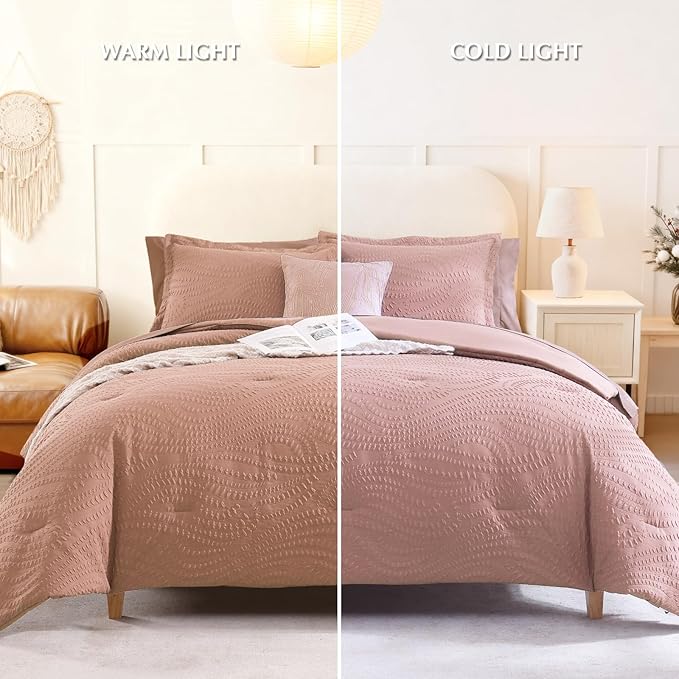 Geniospin King Size Comforter Set - 7 Pieces Dusty Pink Bedding Set, Botanical Textured Comforter Bed Set, All Season Lightweight Bed in a Bag with Comforter, Sheets, Pillowcases & Shams