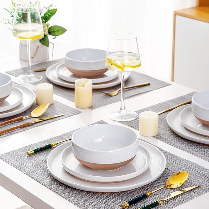 AmorArc 32 Pieces Ceramic Dinnerware Sets for 8, Handpainted Plates and Bowls Set with Rustic Terracotta Underside, Scratch Resistant Stoneware Dishes Set, Dishwasher & Microwave Safe, White