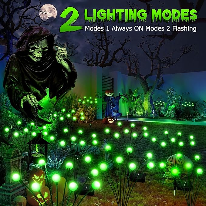 6Pack 48 LED Halloween Decorations Outdoor -LETMY Upgraded Swaying Solar Lights Outdoor, Waterproof Solar Firefly Lights Solar Halloween Lights for Pathway Yard Garden Decorations (Green)