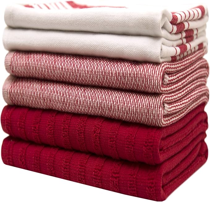 Premium Kitchen Towels 6 Pack Large Cotton Flat Terry Absorbent Tea Towels with Hanging Loop Red Striped 20x28