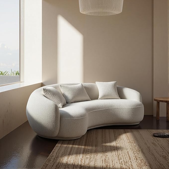 Acanva Modern Curved Sectional Living Room Couch, Minimalist Comfy Boucle Fabric Modular Sofa for Apartment, Home Office, 3-Seater, White