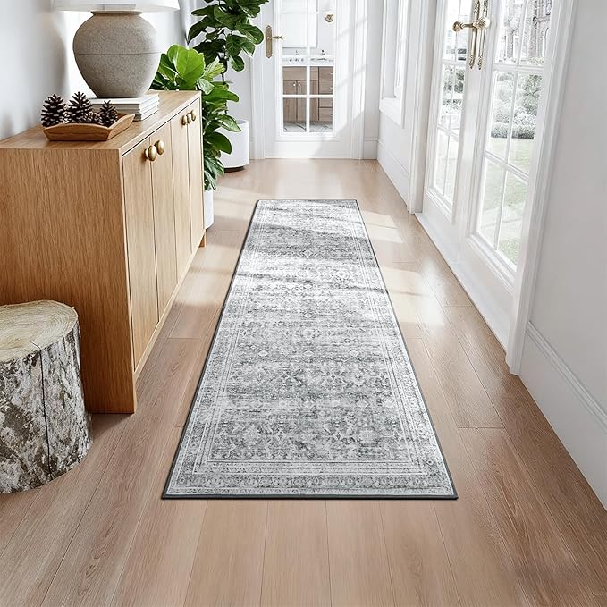 Lofus 2X 6 Runner Rug for Hallways,Grey Washable Runner Rugs with Non Slip Rubber Backing, Low Pile Soft Carpet Runner for Kitchen Bathroom Bedroom Laundry