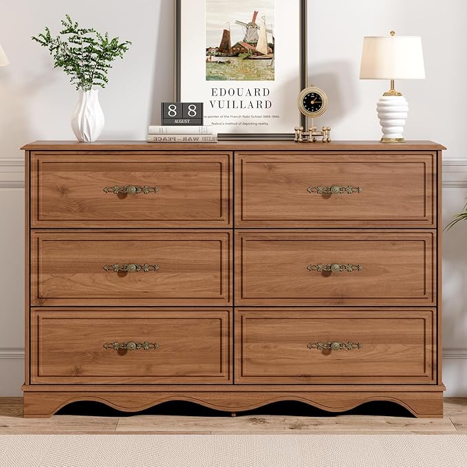 Mid Century Modern 6 Drawers Dresser for Bedroom 47" Wide Wood Rustic Chest of Drawers, Brownish