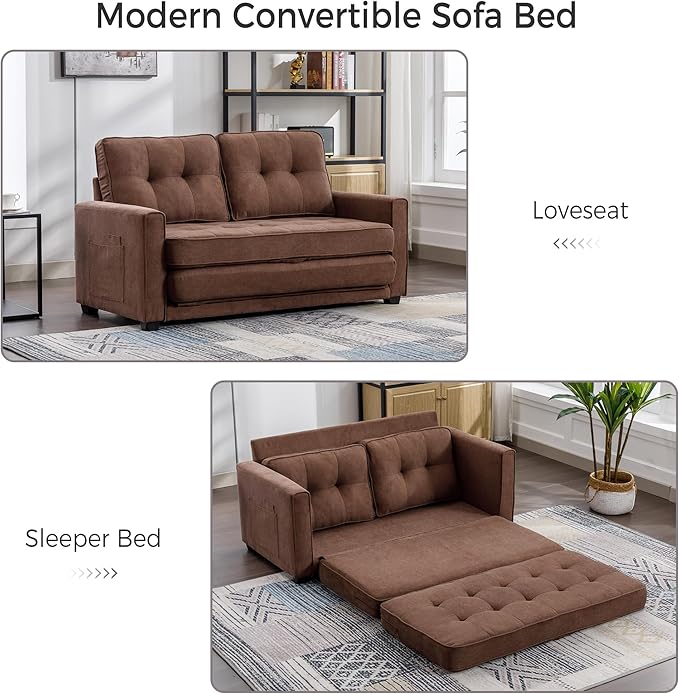 Modern Upholstered Futon Loveseat Convertible Sleeper Sofa Bed 3 in 1 Sofabed Lounge Chaise Daybed, Brown