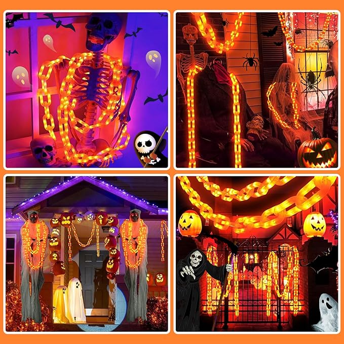 Solar Halloween Chain String Lights Decoration, Upgraded 10Ft 160LED Orange Plastic Lights with 8 Lighting Modes for Indoor Outoor Halloween Party Cosplay Haunted House Spooky Decor
