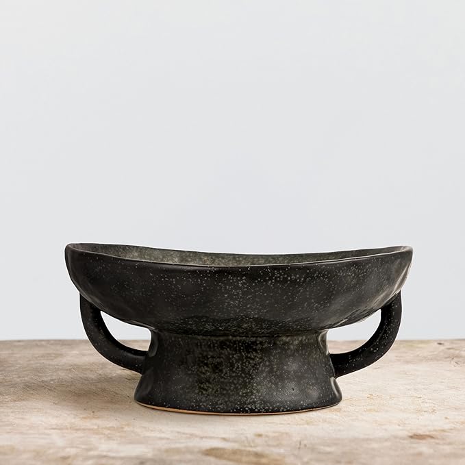 Creative Co-Op Stoneware Footed Pedestal/Bowl with Handles, Reactive Glaze Decorative Object, Black