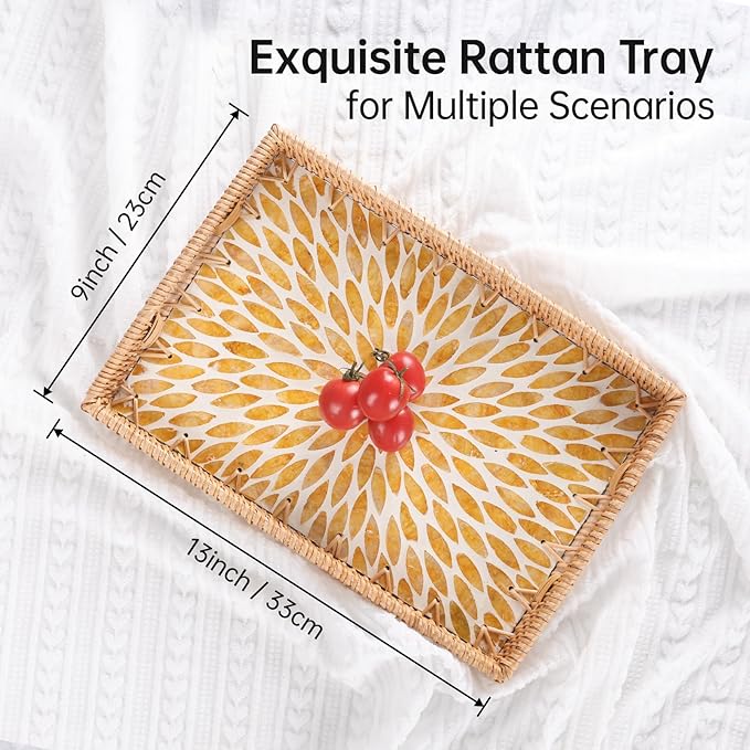 Rectangle Rattan Tray with Mother of Pearl Inlay, Rattan Serving Tray with Handle for Coffee, Bread, Fruits, Snacks, Decorative Wicker Tray for Table Decor (Rectangle Amber Leaf, 13"×9")