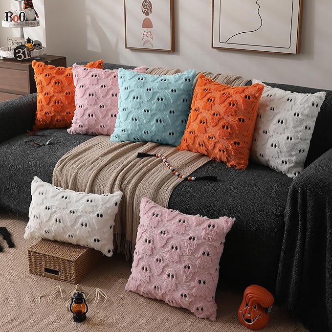 DFXSZ Halloween Pillow Covers 16x16 inch Set of 2 Blue Ghost Throw Pillow Cases Soft Plush Faux Fur Wool Cushion Case for Chair Bedroom Living Room Home Decor PTK03G16