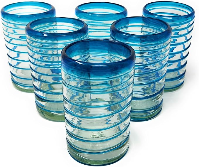 Hand Blown Mexican Drinking Glasses – Set of 6 Glasses with an Aqua Spiral Design (14 oz each) …