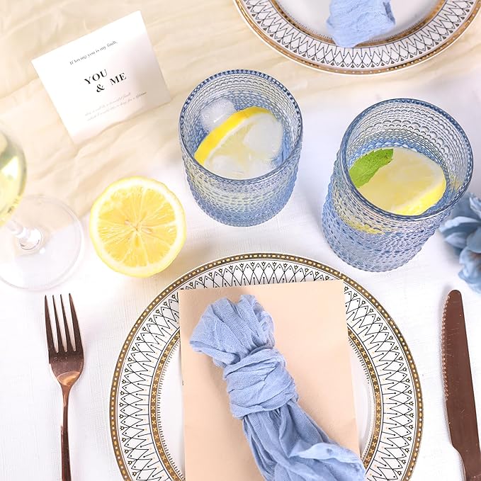 Blue Hobnail Glasses Drinking Set of 4, 12 oz Cocktail Glasses, Blue Vintage Glassware for Beer, Cocktail, Soda, Juice, Coffee and Various Mixed Drinks