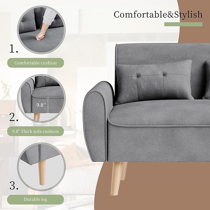 Vongrasig 47" Modern Loveseat Sofa Mid Century Linen 2 Seat Couch Tufted Tapered Legs, Light Gray