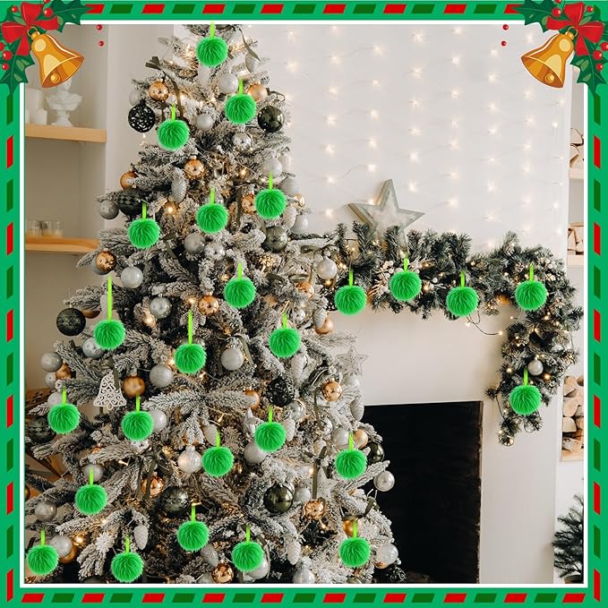 12 Pcs Lime Green Furry Christmas Ball Ornaments for Xmas Tree Hanging Decorations Soft Faux Fur Pom Pom Ball Home Fireplace Party Mantel DIY Decor (2.4 Inches)