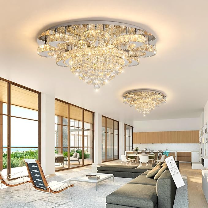 Modern Chandelier Living Room Glam Chandeliers Ceiling Light Fixture Remote Dimmable Lights 32 Inches Luxury Crystal Silver Light