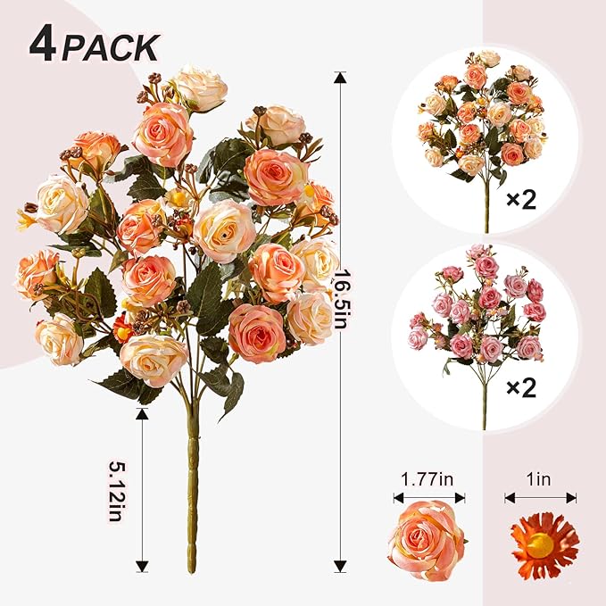 Artificial Flowers for Outdoor 4 Bundles Rose Bouquet with Daisy Faux Flowers UV Resistant for Home Indoor Outside Garden Porch Window Box Balcony Yard Porch Decor (Pink+Orange)