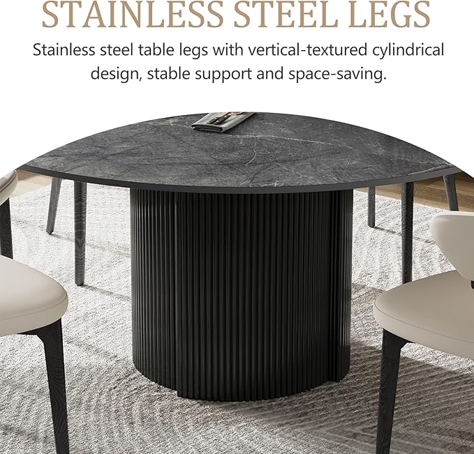 59" Modern Round Dining Table for 6, Gray Sintered Stone Dining Room Table with Black Fluted Metal Pedestal, Easy Assembled Circle Kitchen Table for Home, (Table Only)