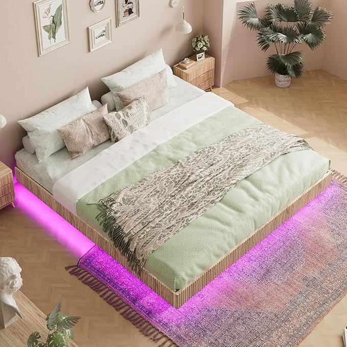 Evermagin Natural King Floating Bed Frame with led Lights, Bohemia Fluted Floating Platform Bed No Headboard, Heavy Duty Metal Float Bedframe No Box Spring Needed