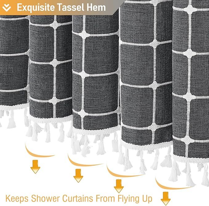 BTTN Charcoal Grey Boho Shower Curtain - Linen Rustic Heavy Duty Fabric Shower Curtain Set with Tassel, Farmhouse Bohemian Vintage Country Thick Cloth Shower Curtains for Bathroom - Gray - 72x72