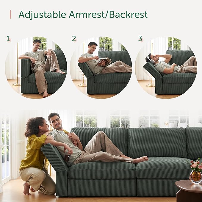 HONBAY Modular Sectional Sofa with Storage Corduroy Sectional Couches with Chaise L Shaped Sectional Couches for Living Room,Green