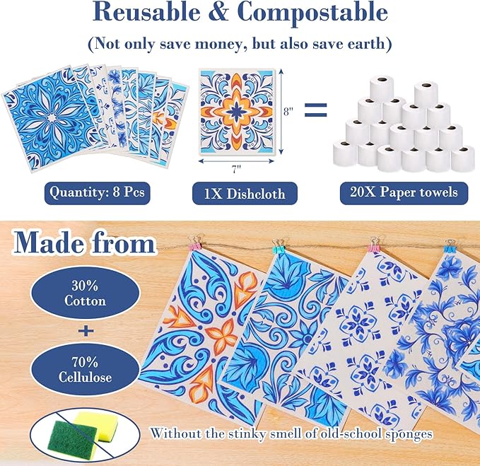 Lucomb 8 Pack Swedish Dish Cloths Reusable Washable Cellulose Sponge Rags Quick Dry Non Scratch Kitchen Cleaning