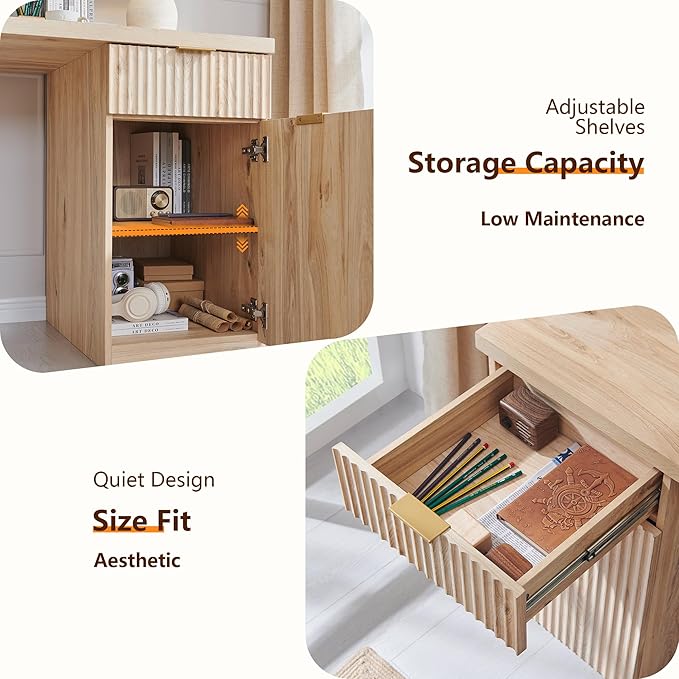 JXQTLINGMU 60" Modern Executive Desk with Storage, Wood Home Office Desk with Drawer & Cabinet, Fluted Computer Writing Desk for Study, Living Room, Bedroom, Oak