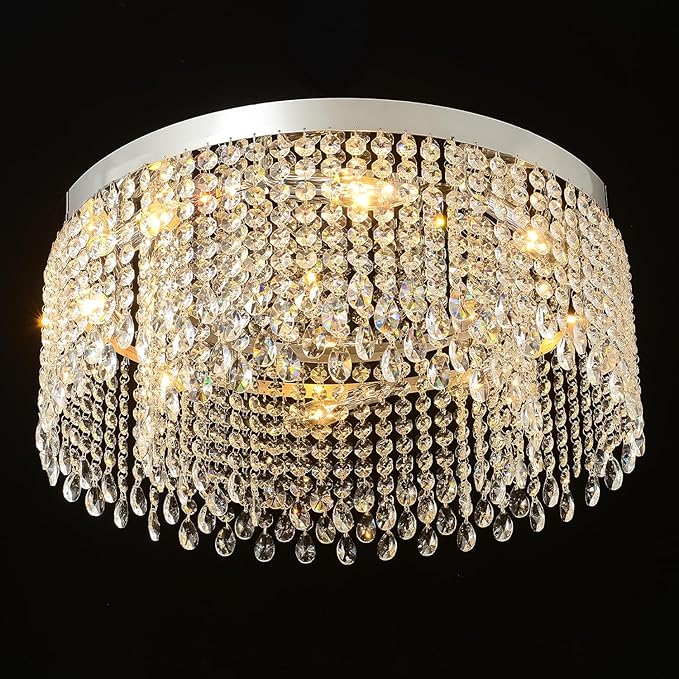 Modern Crystal Chandelier 20 inch Round Raindrop Crystal Chandeliers Flush Mount Chandelier Chrome Silver Ceiling Light Fixture for Living Room Dining Room Bedroom