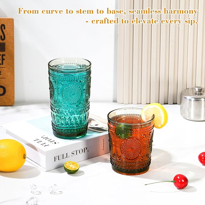 Green Drinking Glasses Set of 12, 16 Oz Highball & 13 Oz Cocktail Glasses, Green Kitchen Vintage Glassware Set, Floral Embossed Glass Tumbler Cups for Water, Beer, Juice, Whiskey, Coffee