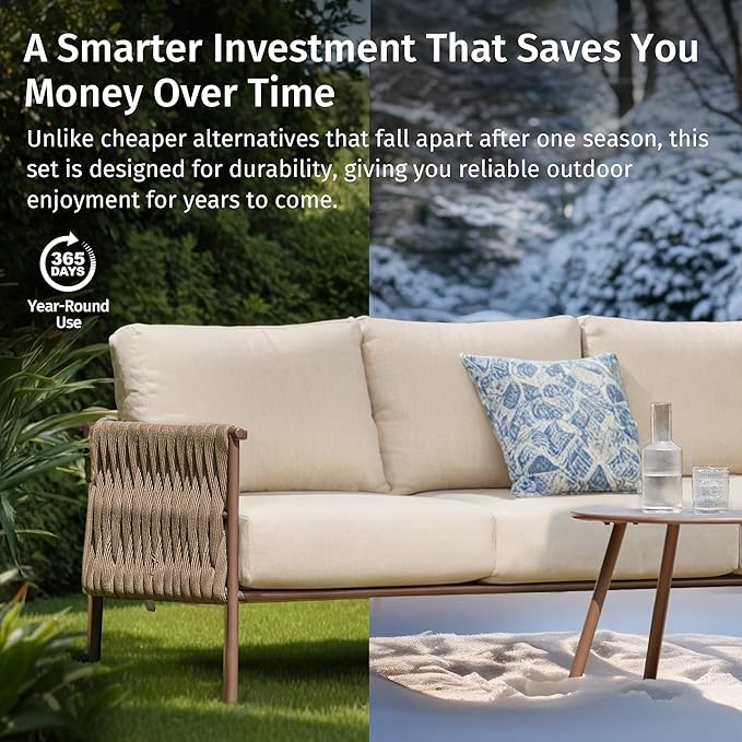 EAST OAK Life Chatter Outdoor Patio Furniture | Outdoor Seating 3 Seats with Waterproof Thick Cushions | Deep Seating Modern Patio for Garden, Porch, Balcony & Backyard | Chestnut & Apricot