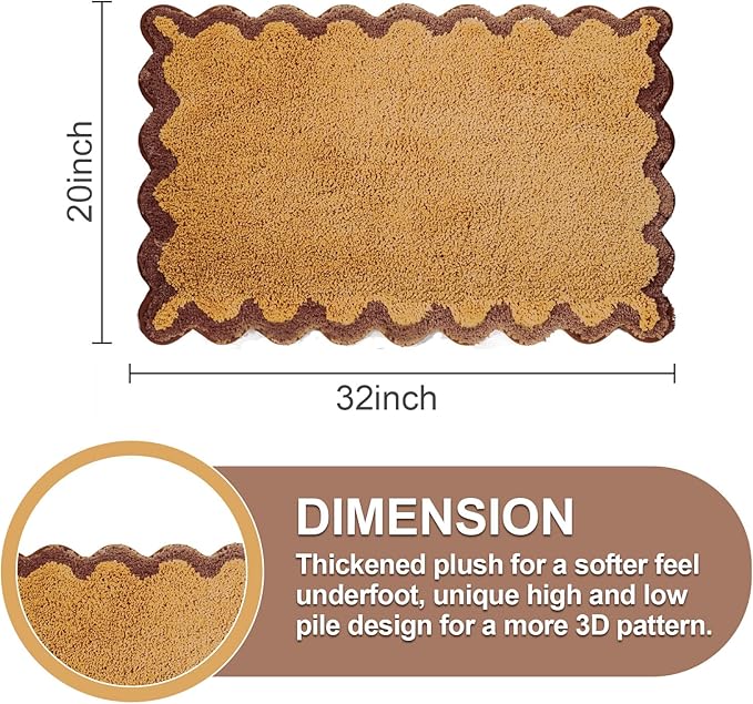 ORTIGIA Cute Scalloped Bath Mat, Fun Plush Microfiber Brown Bathroom Rugs Non Slip Washable Quick Dry Absorbent, Bath Rug for Shower Stall Vanities Kitchen Floor Entrance, 20x32
