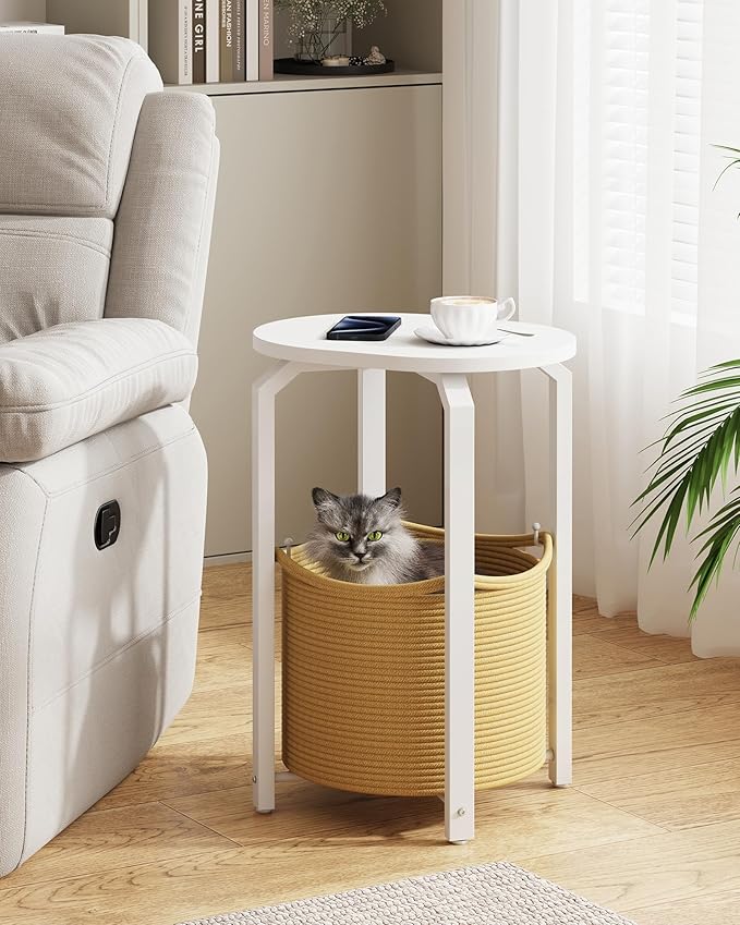 TUTOTAK Small Side Table, Oval End Table, Night Stand, Bedside Table, Set of 2, Sofa Table with Storage Basket, Living Room, Bed Room, White and Beige TB01BWN0932