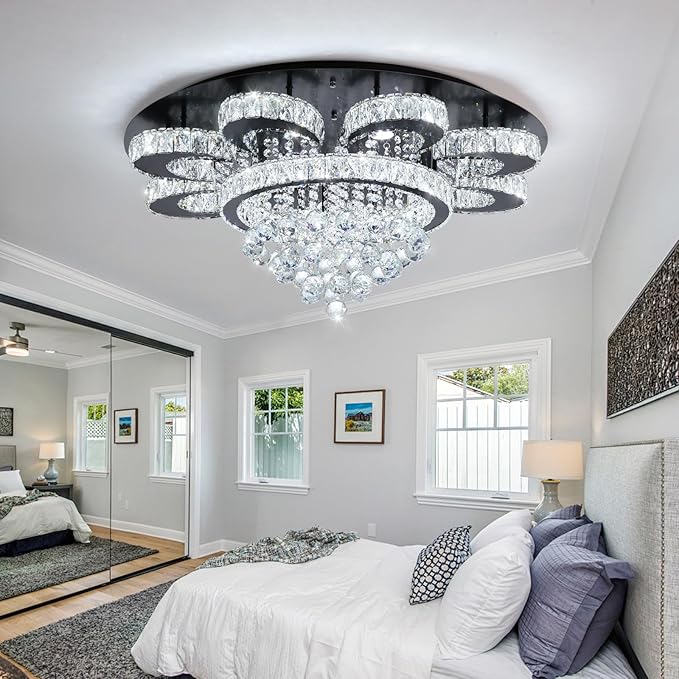 Modern Chandelier Living Room Glam Chandeliers Ceiling Light Fixture Remote Dimmable Lights 32 Inches Luxury Crystal Black Light