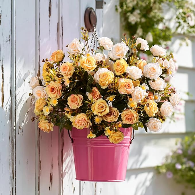 Artificial Flowers for Outdoor 4 Bundles Rose Bouquet with Daisy Faux Flowers UV Resistant for Home Indoor Outside Garden Porch Window Box Balcony Yard Porch Decor (White+Yellow)