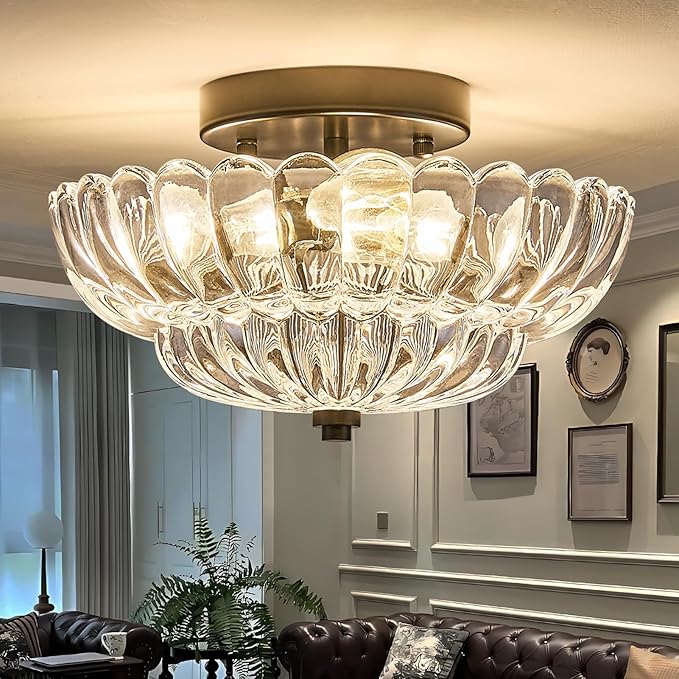 Mid Century Modern Black Semi Flush Mount Ceiling Light Fixture,3 Lights Flower Glass Close to Ceiling Lighting Fixtures for Bedroom Hallway Kitchen Foyer Bathroom Closet Laundry Room 11.8 in