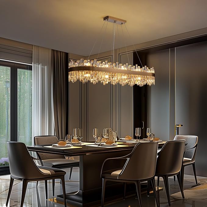 Siljoy Modern Crystal Chandelier, 20-Light Luxury Rectangular Brushed Gold Crystal Chandelier Lighting, Large Oval 2-Tier K9 Crystal Pendant Ceiling Light for Dining Living Room Kitchen Island, L52''